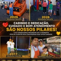 Arte com fotos de brinquedos e texto sobre carinho e bom atendimento